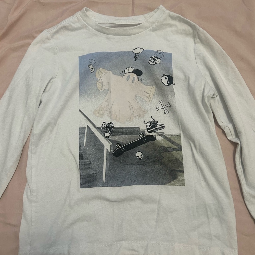 White Long Sleeve Shirt with Graphic Print